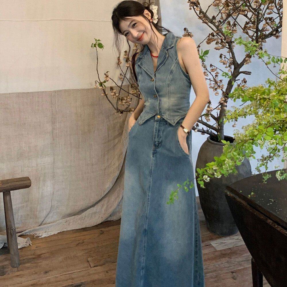 港风穿搭复古2026夏季新品女装牛仔背心上衣长款半身裙两件套装