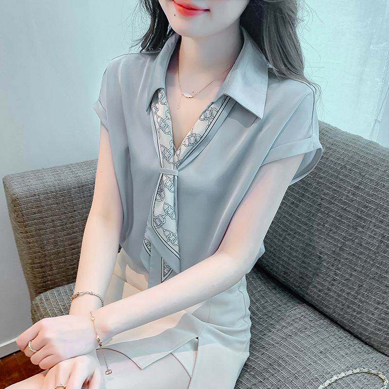 丝巾短袖洋气小衫上衣2026夏季新款女装简约气质优雅重磅真丝衬衫