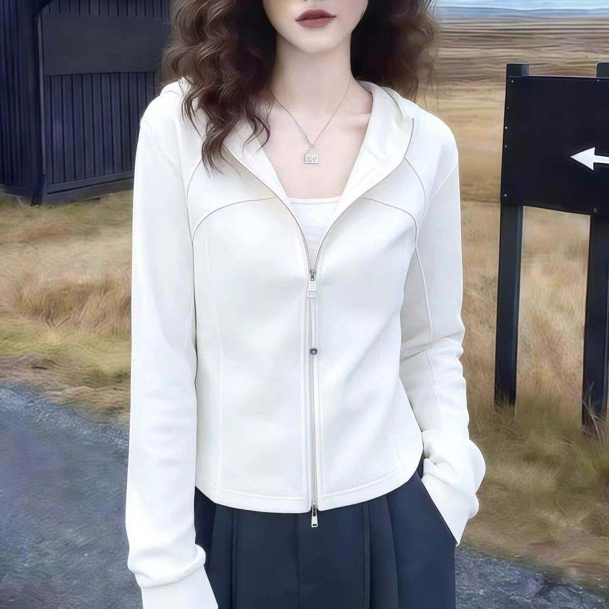 白色连帽拉链长袖卫衣外套女2026新款春秋设计感修身显瘦短款上衣