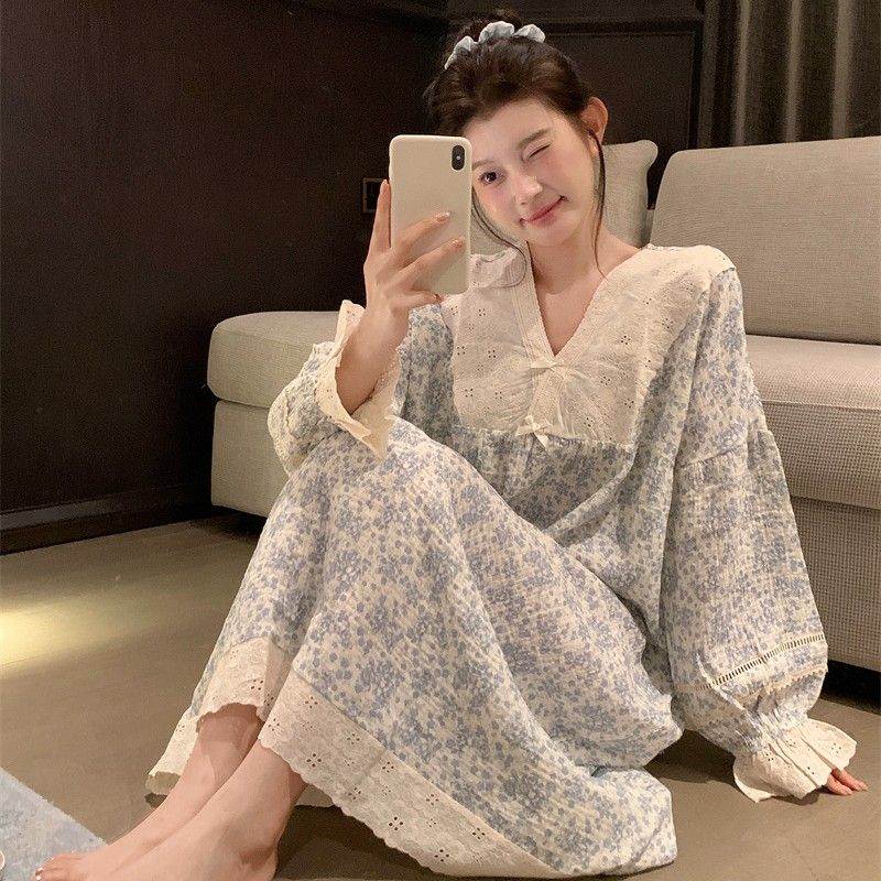 韩国甜美碎花睡裙女春季长袖中长款宽松蕾丝花边领睡衣家居服