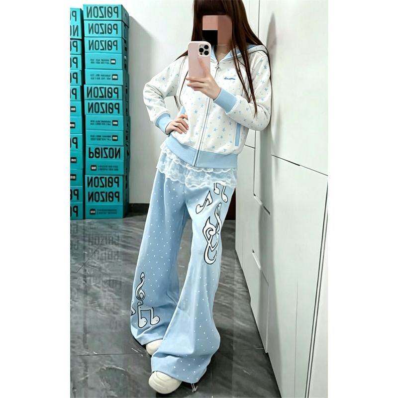美式星星满印连帽卫衣开衫外套女秋冬搭配音符波点裤子蕾丝三件套