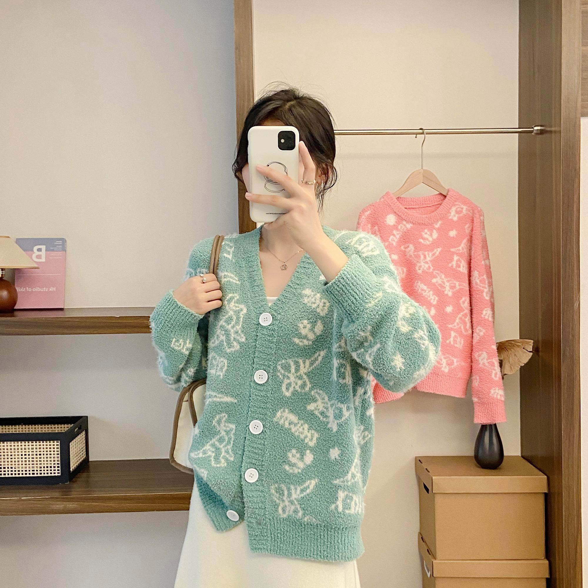 春夏法式开衫森系碎花毛衣女日系甜美可爱慵懒风半边绒套头上衣女