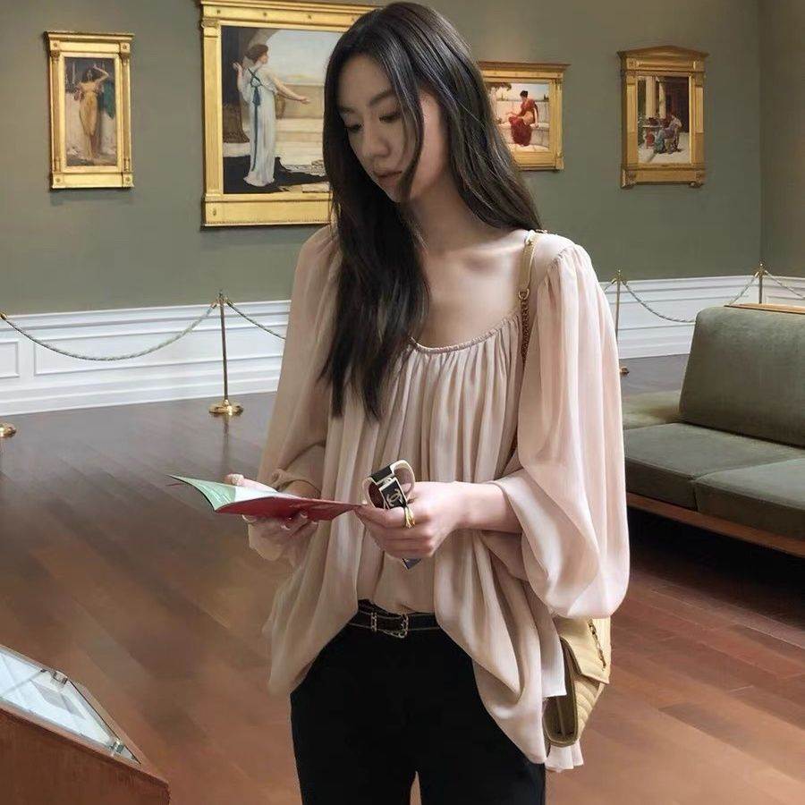 时尚薄纱褶皱领雪纺衫女夏季新款休闲慵懒宽松外穿显瘦气质上衣
