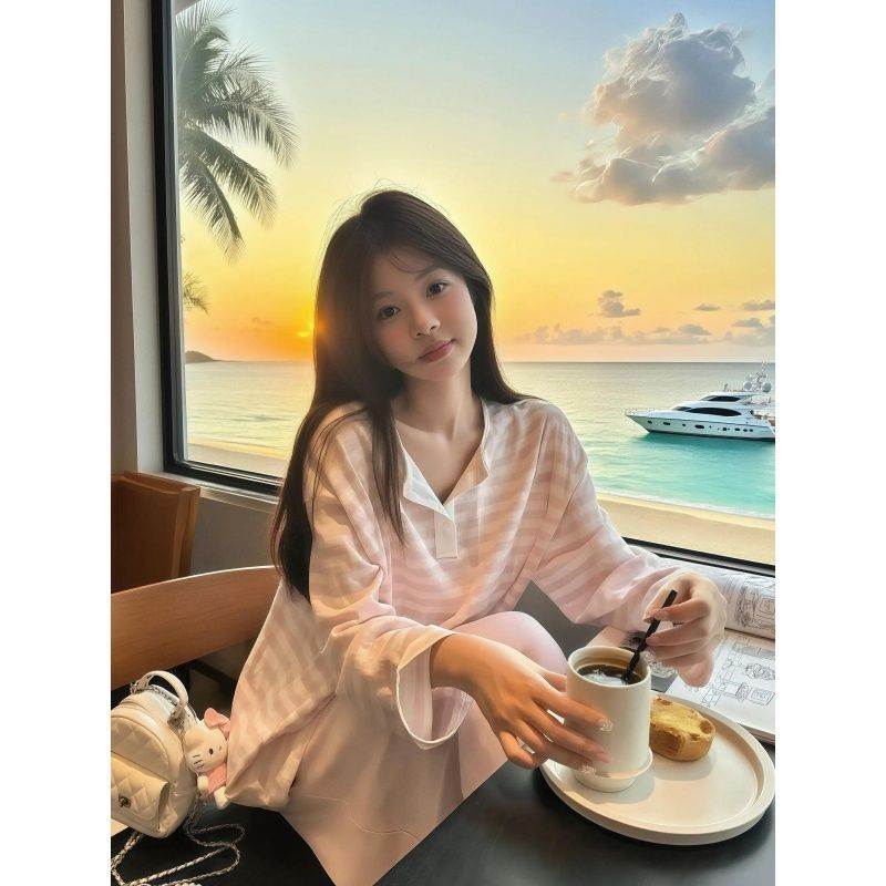 韩系少女粉色条纹系带长袖恤女防晒打底宽松上衣百搭长袖打底衫