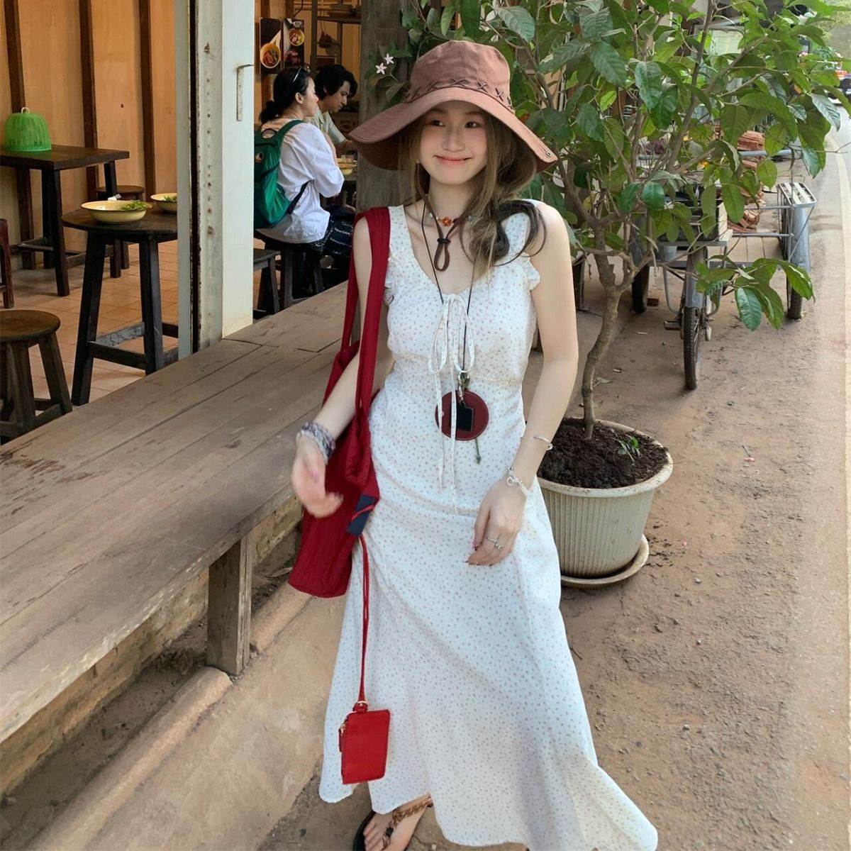微胖气质甜美小清新印花无袖连衣裙2026夏季新款减龄显白长裙外套