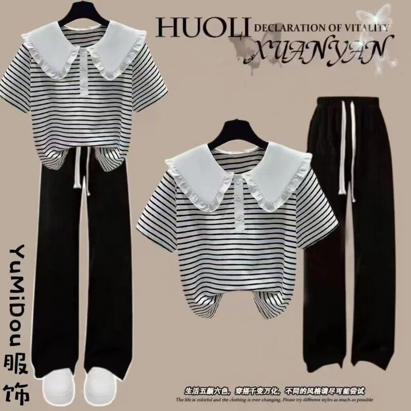 大童女装夏季新款娃娃领条纹初中生t恤少女设计感短袖阔腿裤套装