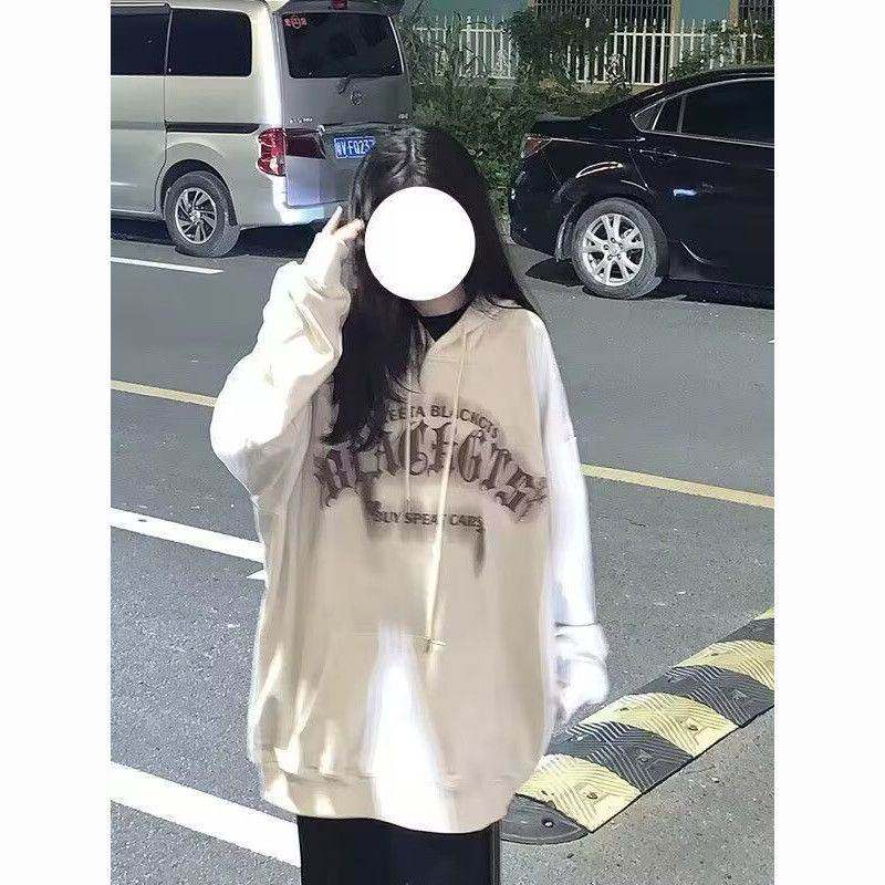 超火双层连帽卫衣女春秋薄款学生宽松原宿风印花百搭上衣