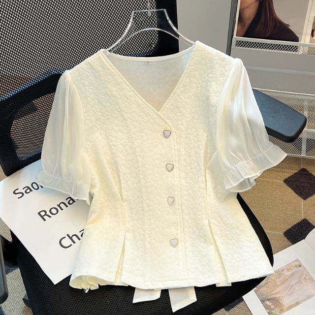 蝴蝶结绑带领短袖衬衫女夏季时尚洋气设计感衬衣减龄泡泡袖上衣