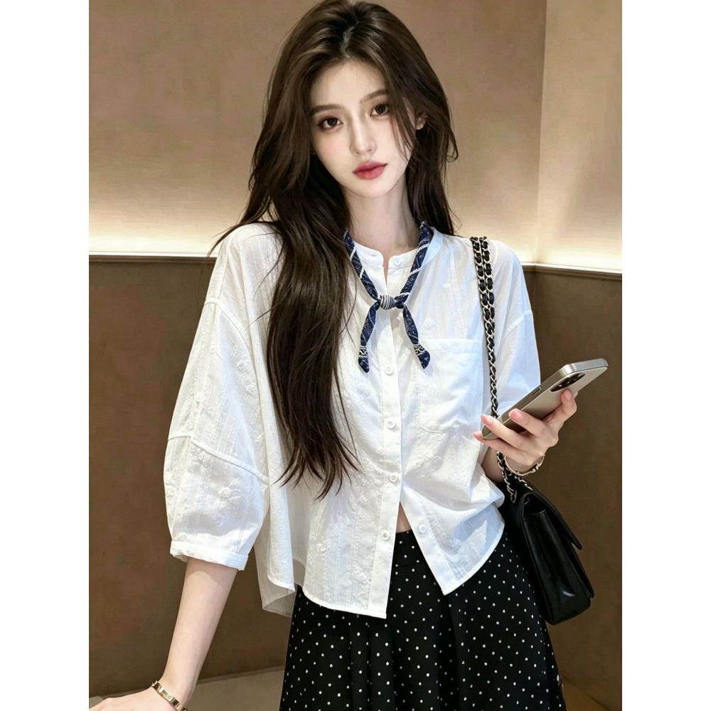 高级轻奢感女装白色五分袖刺绣衬衫秋季宽松百搭洋气上衣气质漂亮