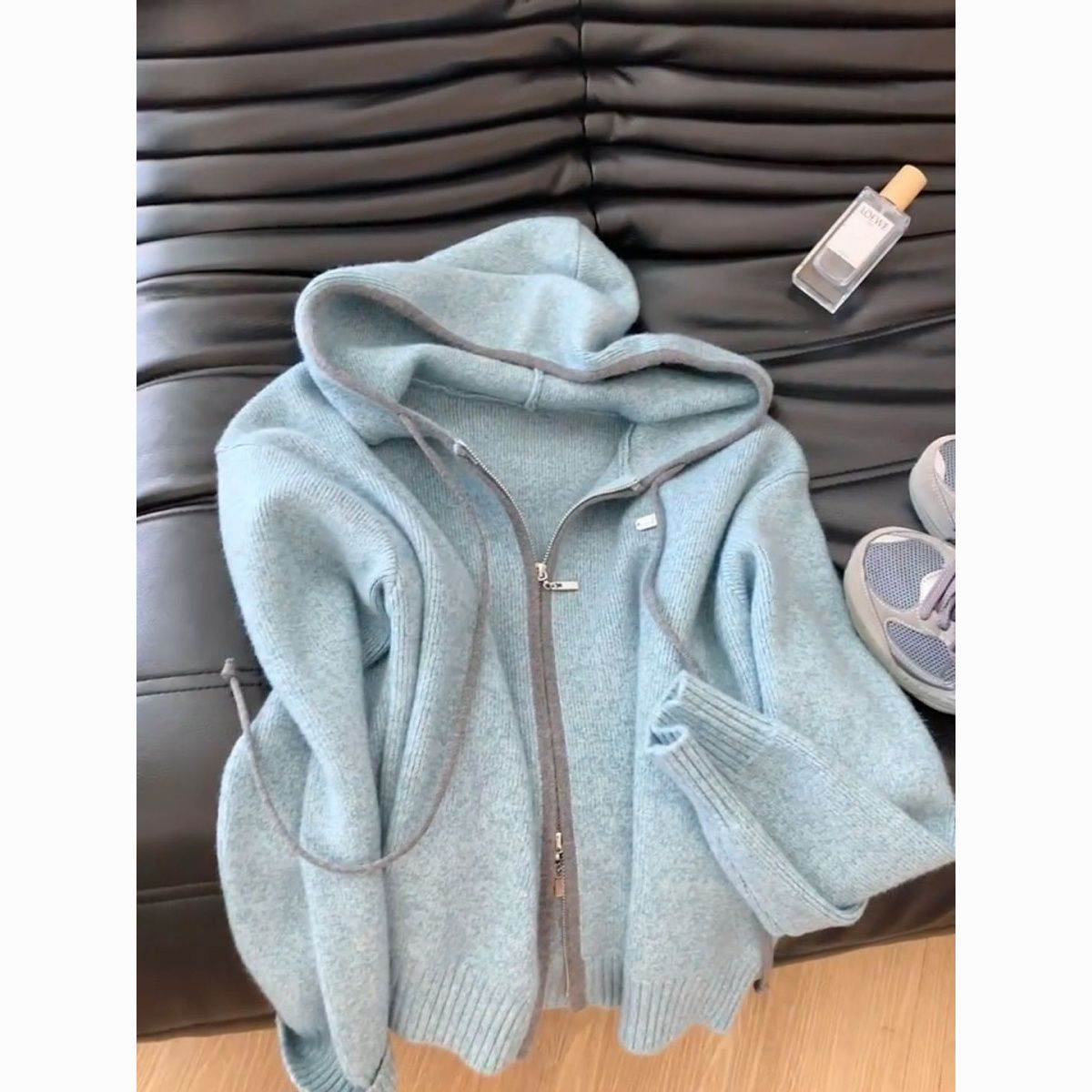 软糯糯的好温柔!秋春季雾霾蓝开衫毛衣女韩式清冷风连帽上衣外套