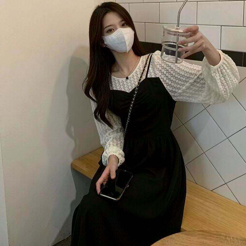 法式时尚气质蕾丝拼接黑色中长款连衣裙秋女收腰显瘦中长裙女清仓