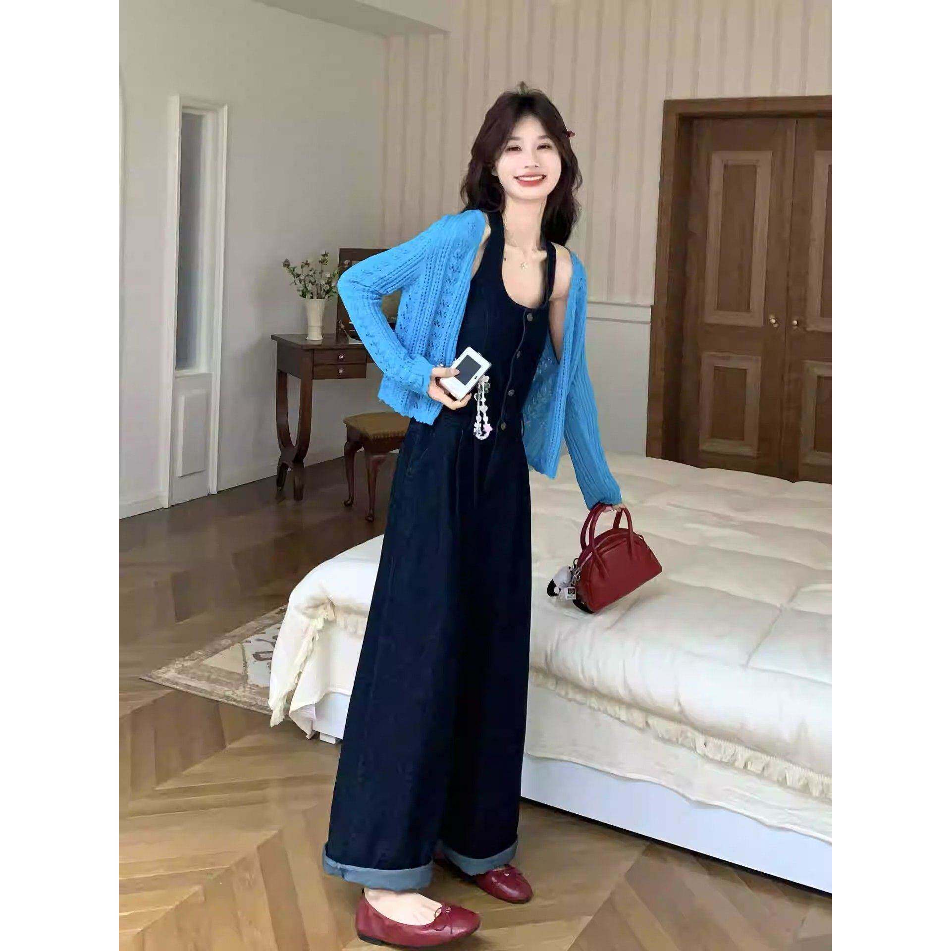 牛仔风针织开衫两件套女2026春季新款韩版时尚显瘦背带连体裤套装