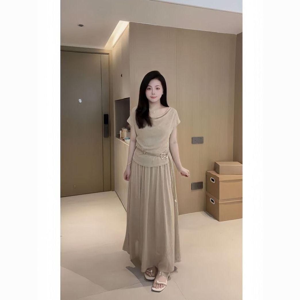 大码女装温柔气质慵懒荡领一字领多种穿搭套装风情通勤款两件套夏