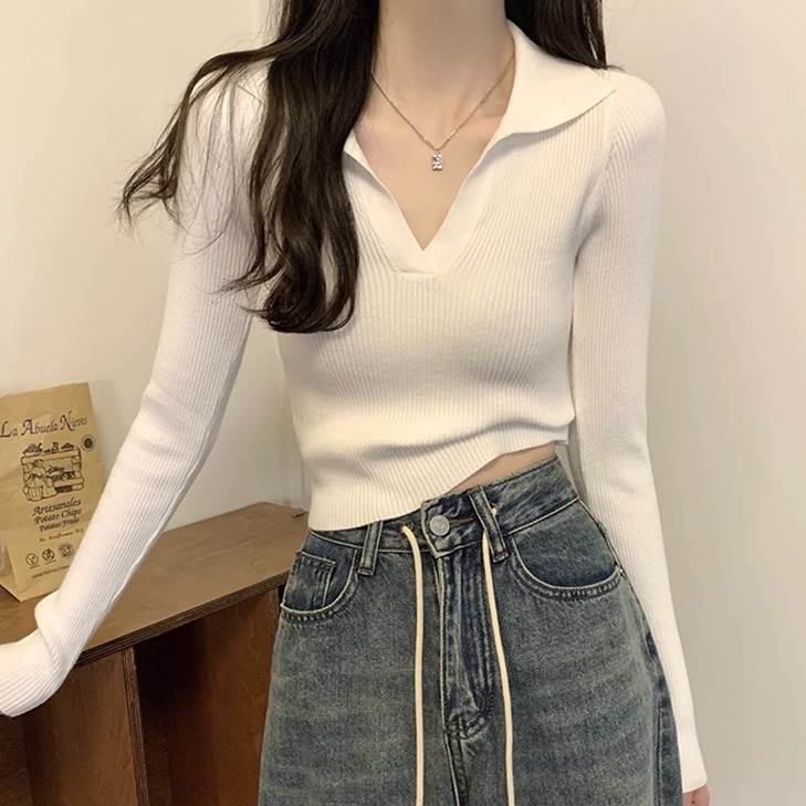 白色领针织打底衫上衣女秋修身设计感小众高腰短款长袖恤春春季