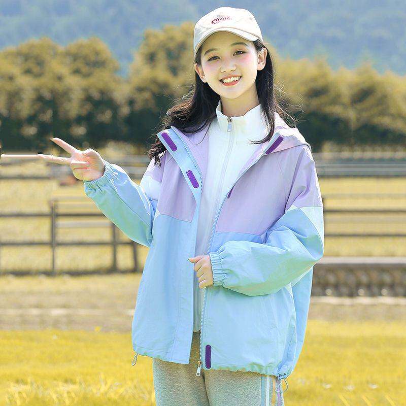 初中学生春装外套少女大童冲锋衣春春季小学生女生宽松连帽派克服