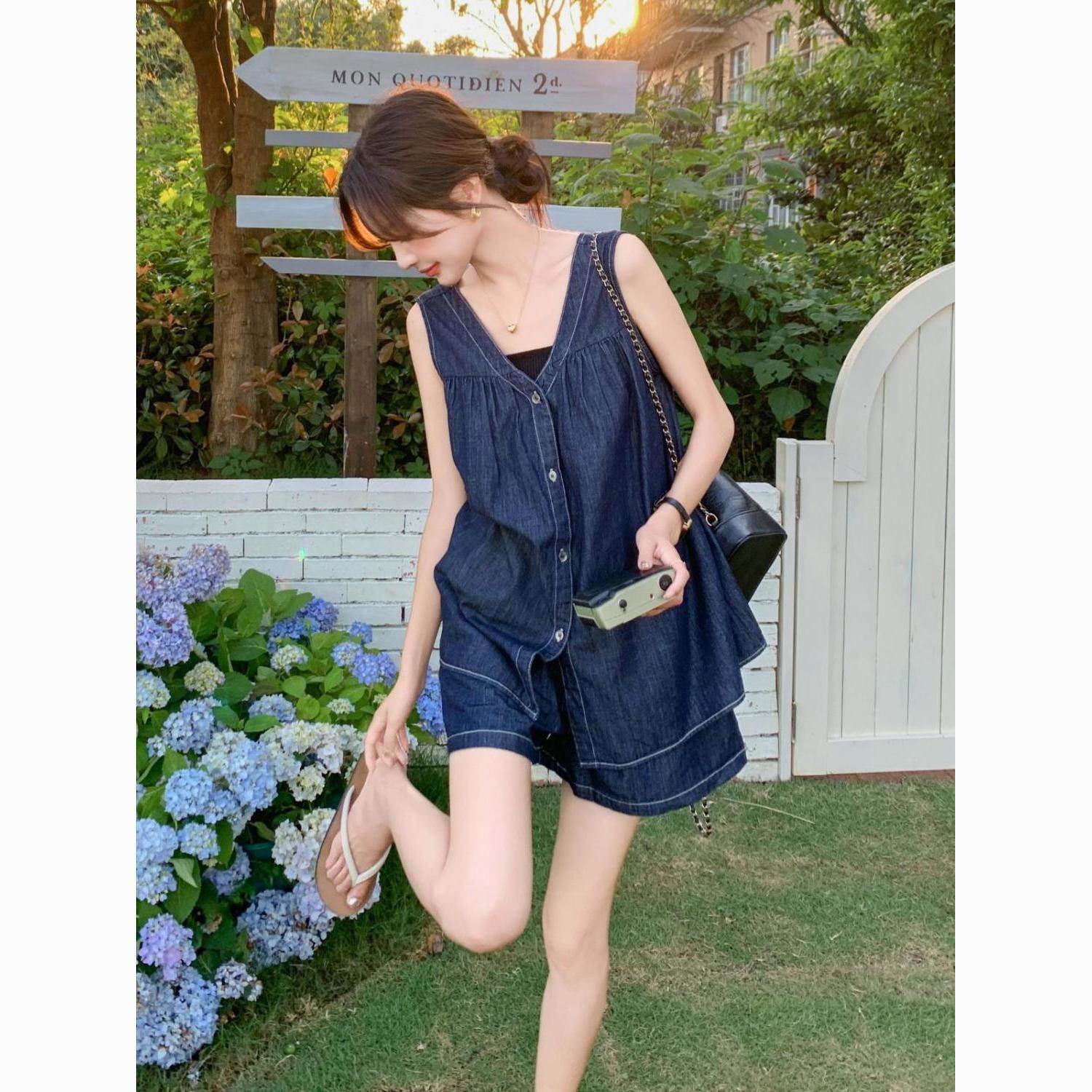 法式牛仔短裤套装女夏季新款高级感韩版时尚休闲甜美两件套潮
