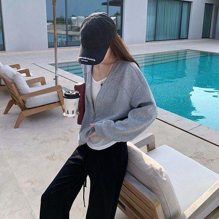 爆款美式复古休闲灰色开衫外套春秋季宽松慵懒风百搭领上衣