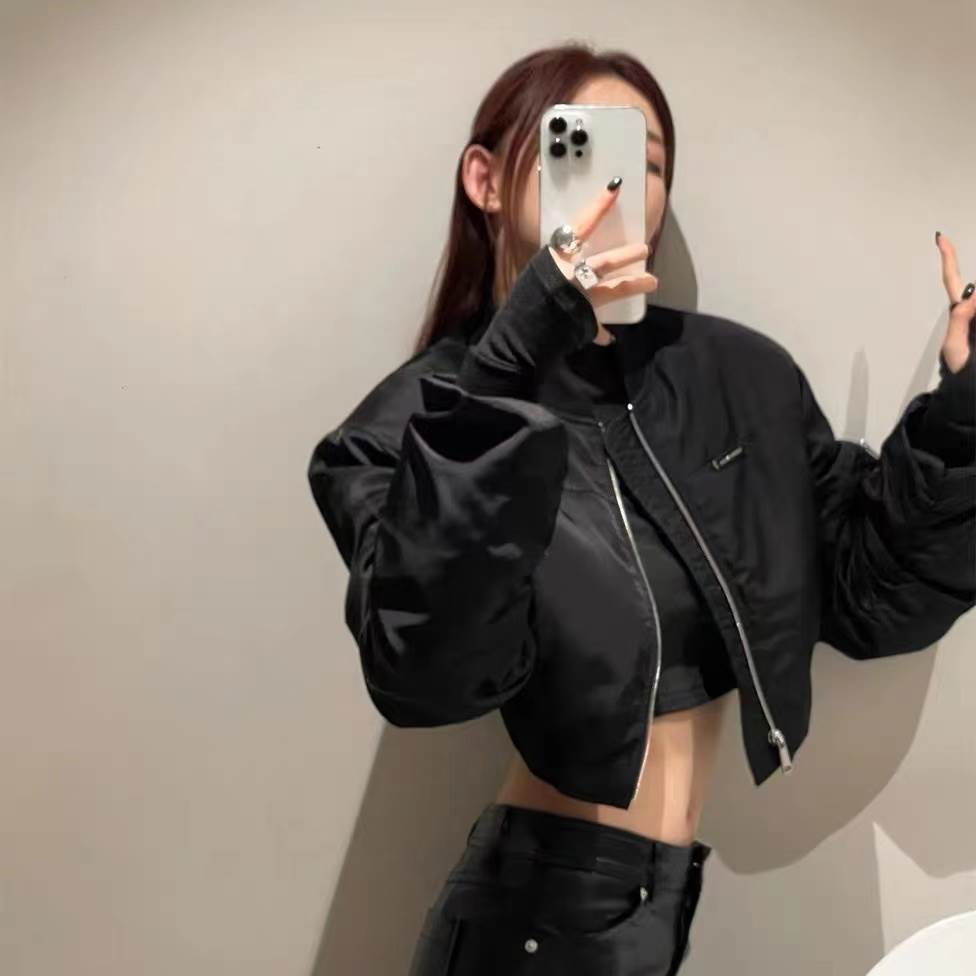 春季韩版设计感小众堆堆袖垫肩宽松短款棒球服外套女飞行夹克显瘦