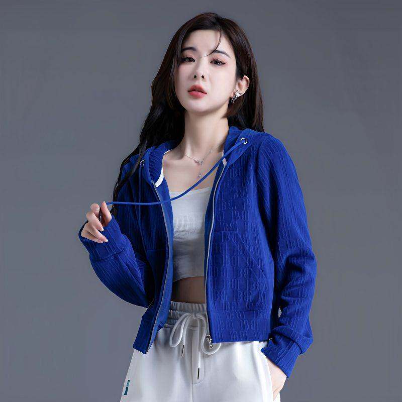 克莱因蓝色运动上衣短款小个子拉链开衫连帽卫衣短外套休闲女春秋