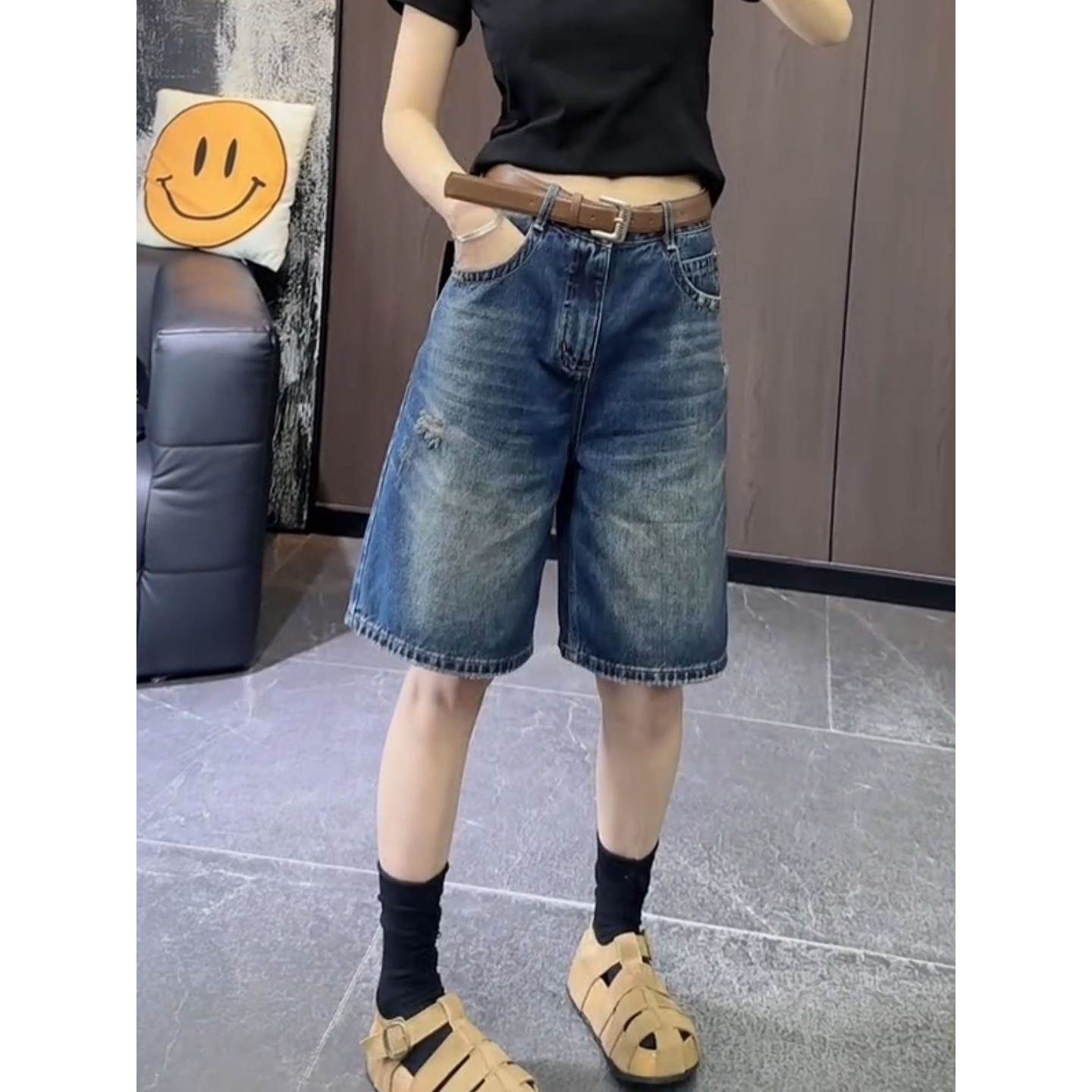 大码破洞牛仔短裤女夏季薄款宽松百搭阔腿裤胖高腰显瘦五分中裤