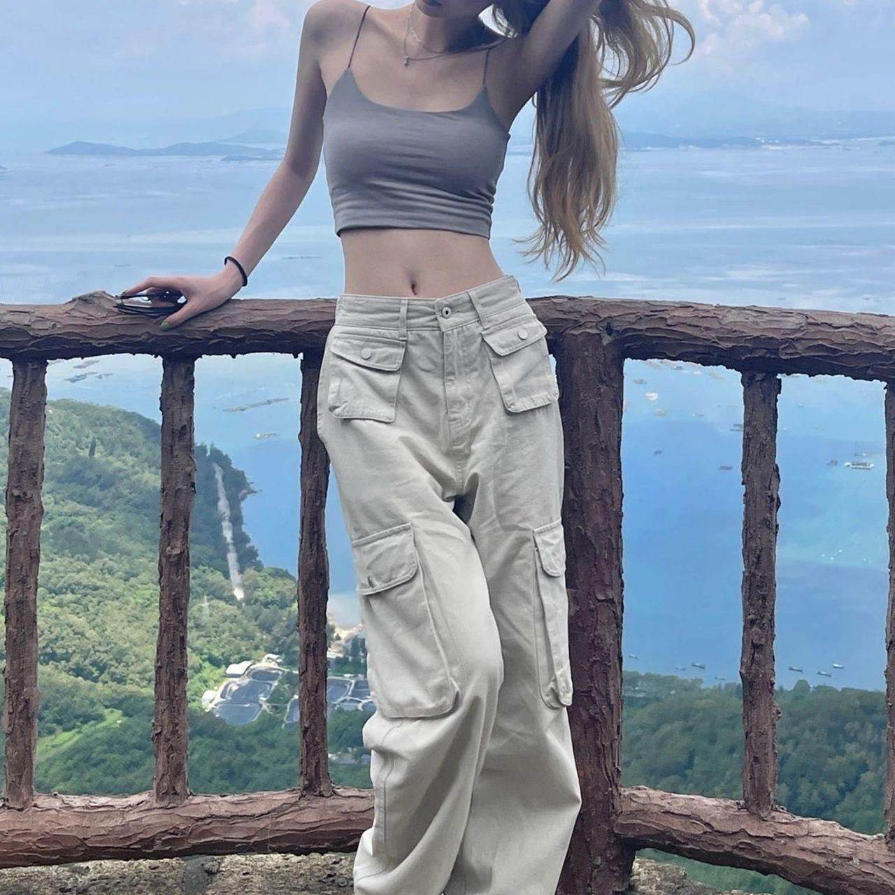 2026年欧美式复古牛仔工装裤女宽松阔腿裤辣妹拖地百搭直筒长裤子