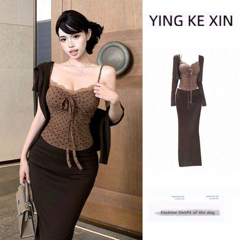 轻熟风御姐系贵感套装女春夏外搭开衫蕾丝波点抹胸包臀半裙三件套