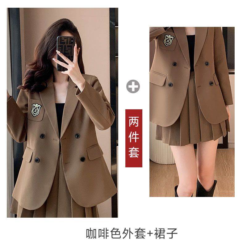 春季新款韩版西装外套学院风高级高腰字百褶裙套装开叉两件套