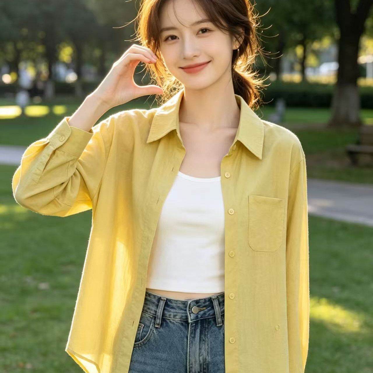 小个子短款百搭纯色衬衣开衫外套夏季薄款女装锦纶人棉防晒衣衬衫