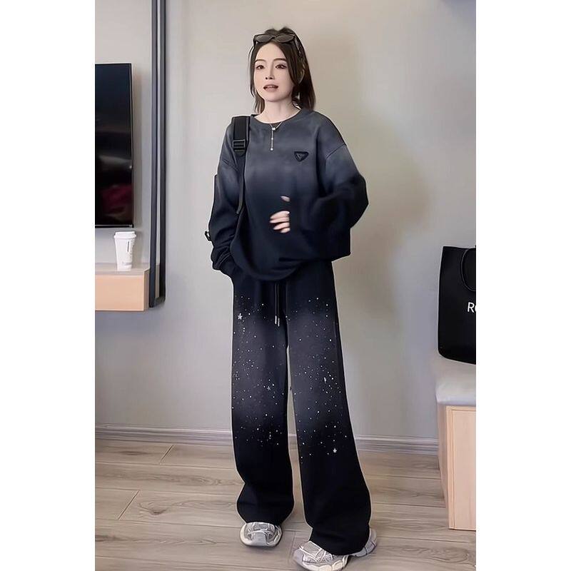 胖mm300斤小香风烫钻休闲运动套装女早秋大码宽松流行卫衣阔腿裤2