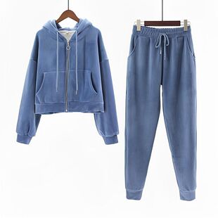 金丝绒卫衣套装女时尚秋冬装小个子显瘦加绒加厚运动休闲两件套潮