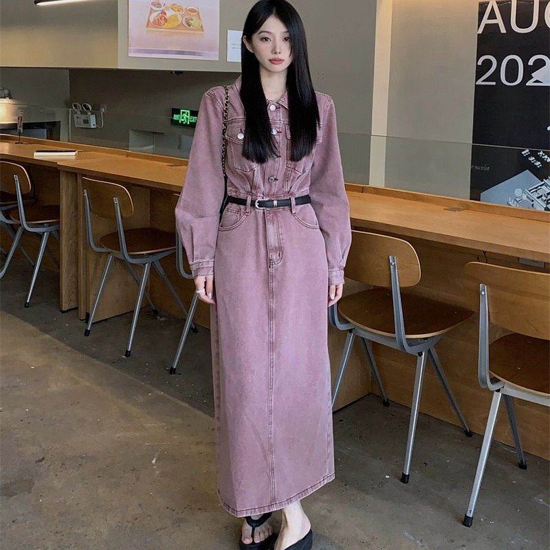 复古长袖牛仔连衣裙设计感高腰显瘦中长款开叉裙子802