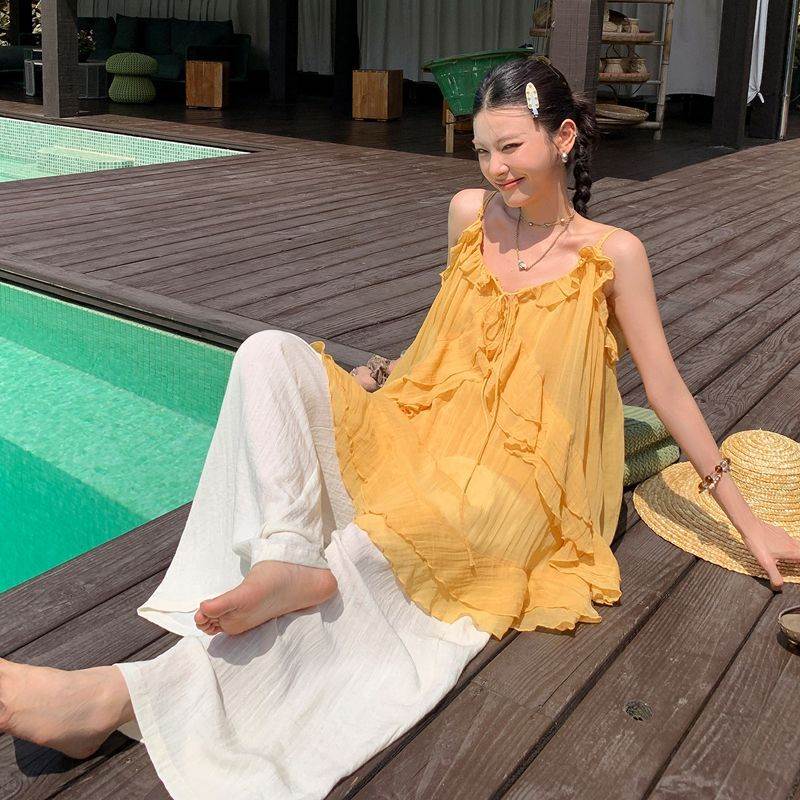 不规则荷叶边大摆吊带女夏度假绝美百搭上衣小个子宽松显瘦吊带裙