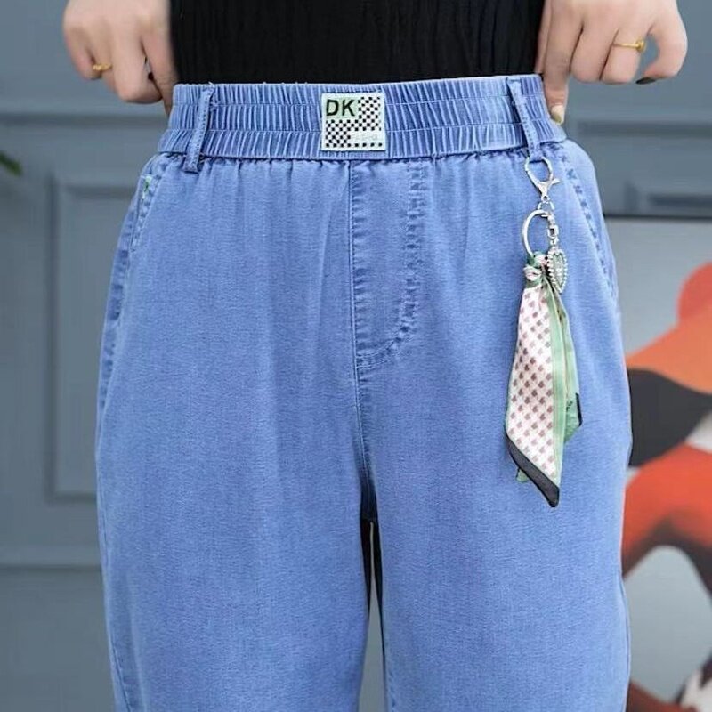 九分天丝牛仔裤女2024年夏薄款小个子高腰显瘦宽松天丝直筒哈伦裤