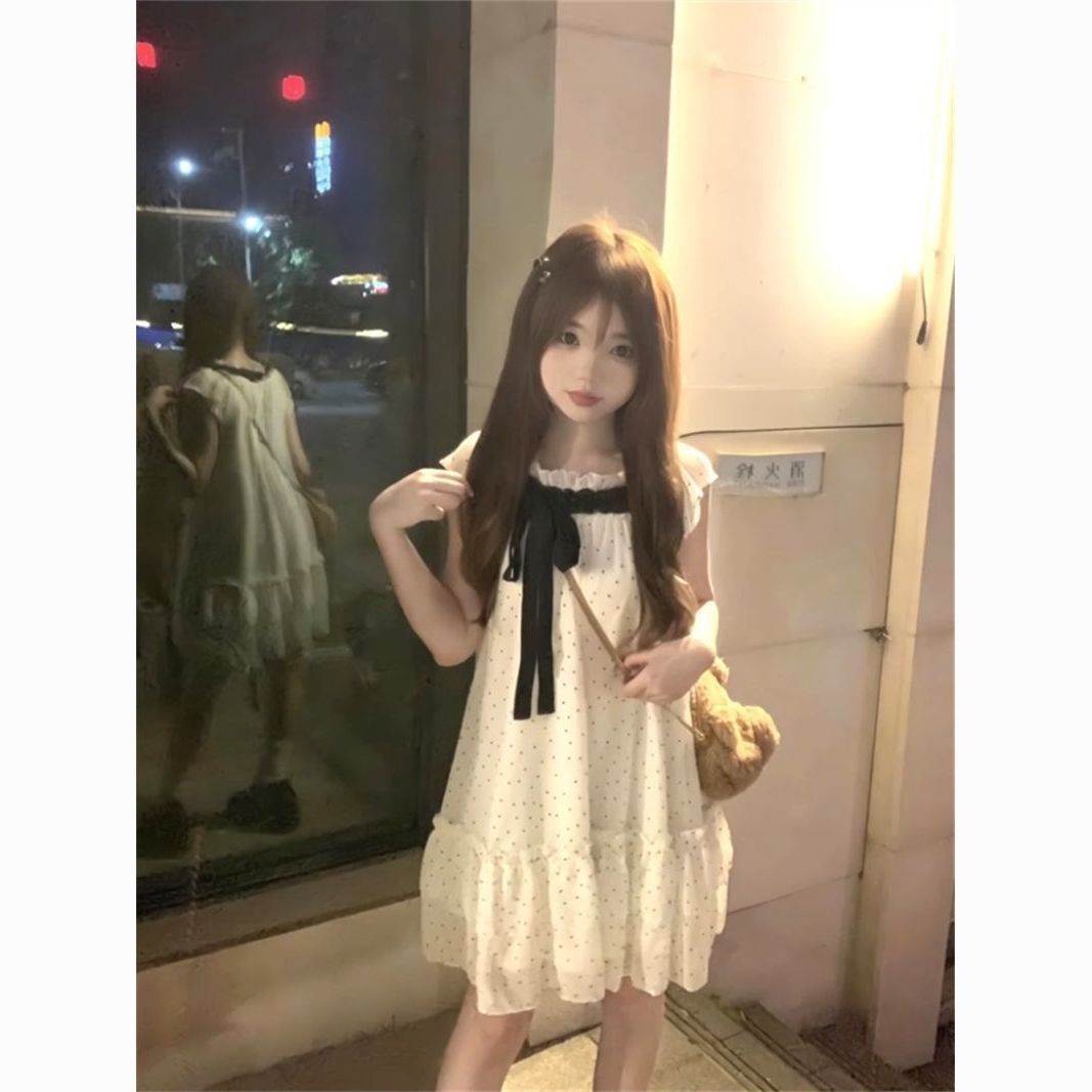 小个子白色波点连衣裙女夏季法式初恋蝴蝶结宽松显瘦短裙子