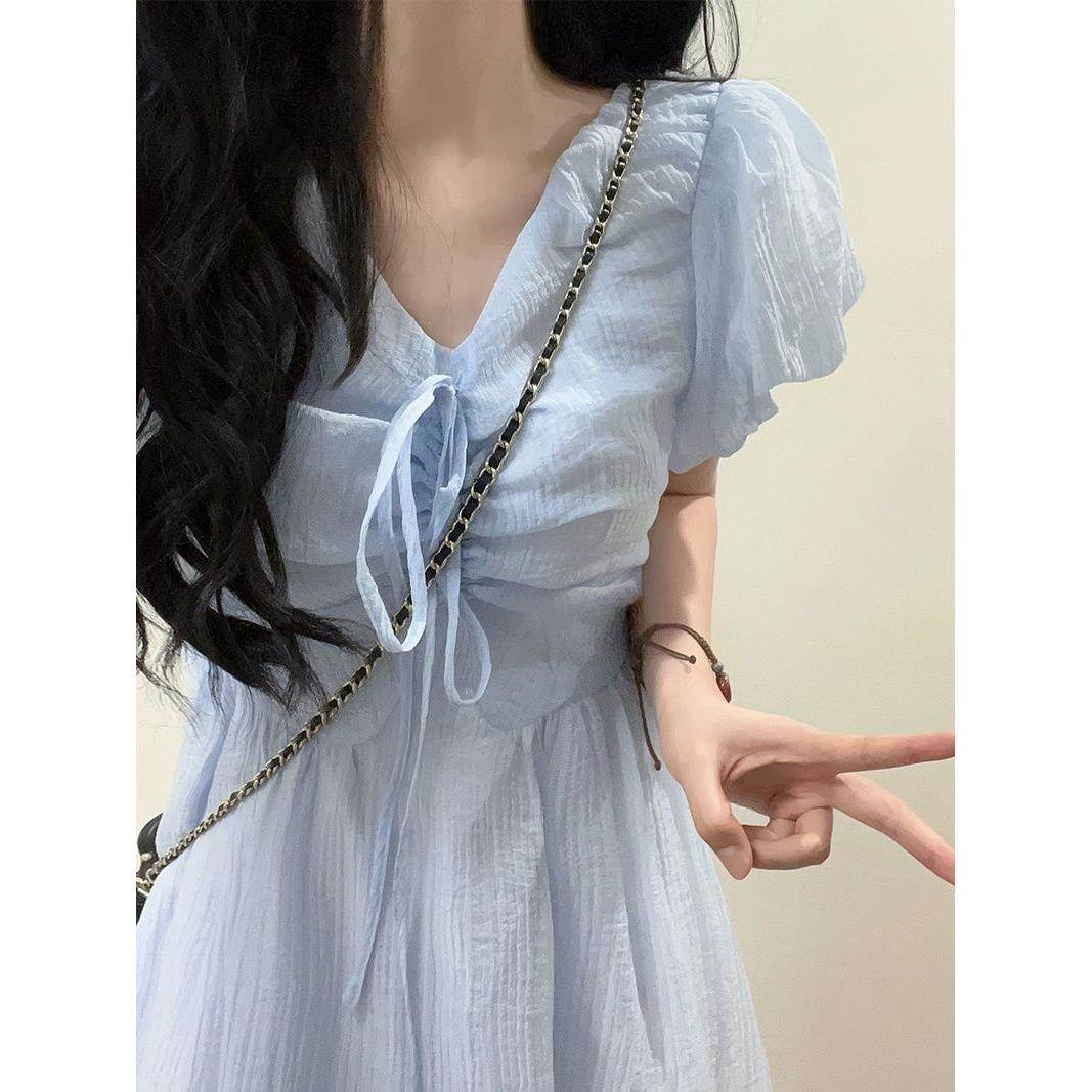 法式奶蓝色领连衣裙女夏季甜美泡泡袖公主裙茶歇收腰褶皱长裙子