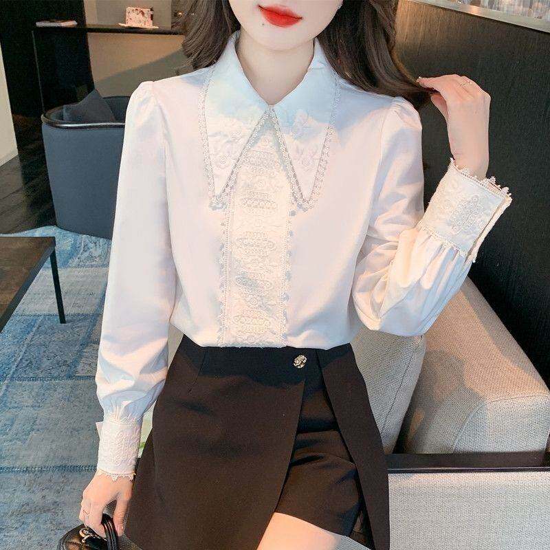 尖领刺绣花边拼接白色衬衫女秋季新款设计感百搭修身时尚长袖上衣