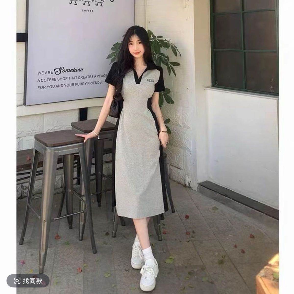 大码显瘦《修容大师》灰色复古领连衣裙女夏季休闲显瘦裙子女