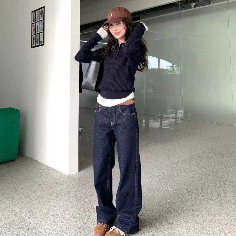 深蓝色丹宁宽松直筒牛仔裤女2026春秋高个子加长阔腿直筒拖地裤子