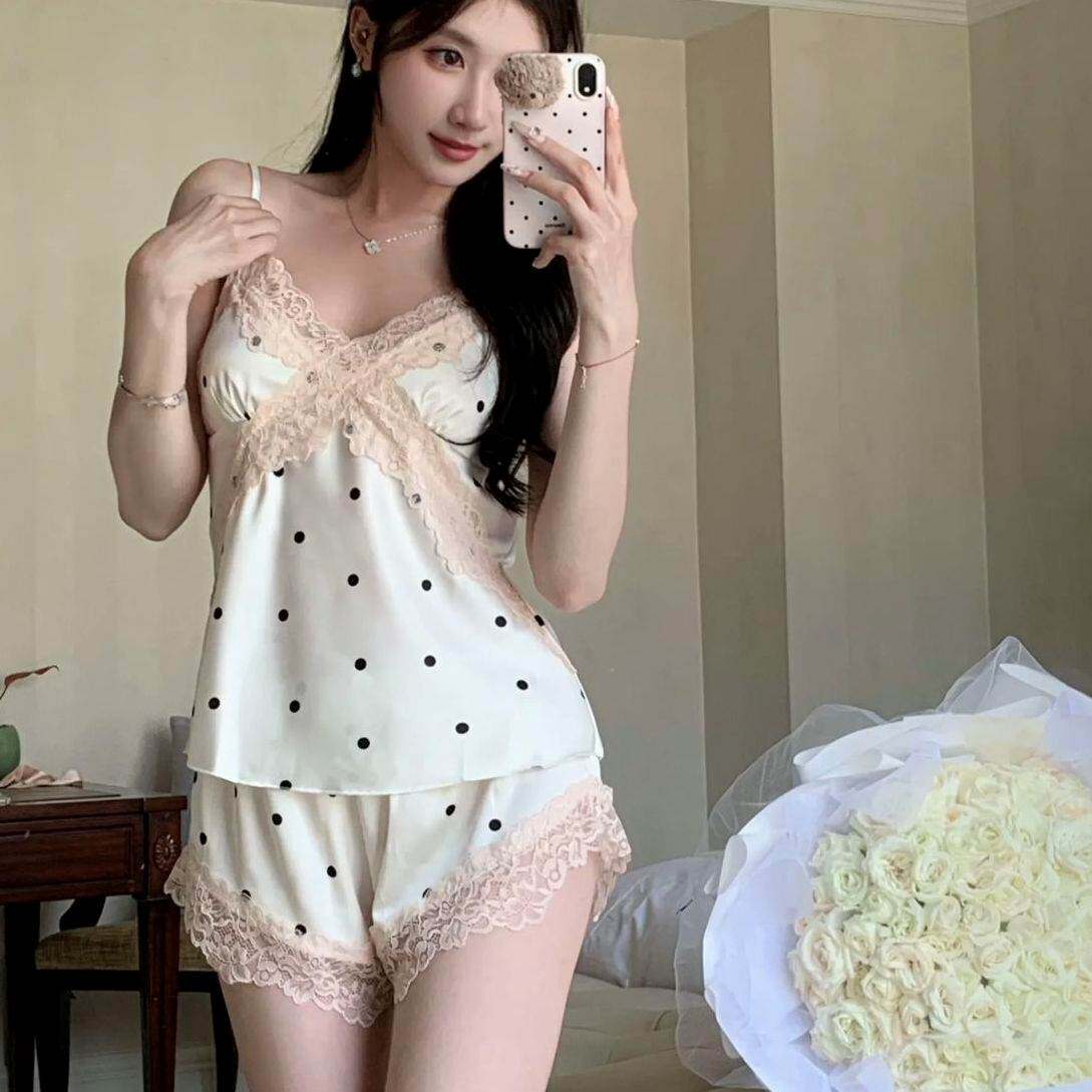 可爱波点带胸垫吊带睡裤家居服套装女款夏季睡裙蕾丝性感纯欲睡衣
