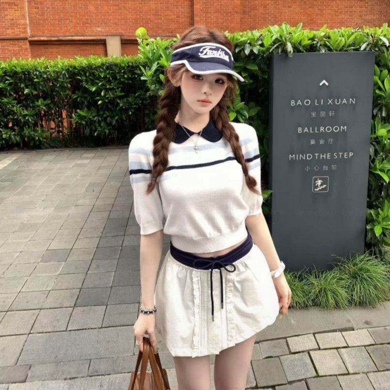 氧系学妹针织五分袖条纹撞色上衣抽绳半身裙韩系学院风套装女夏季