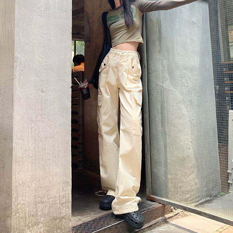 工装裤女款春夏季小个子休闲美式窄版浅米白色直筒高腰阔腿牛仔裤