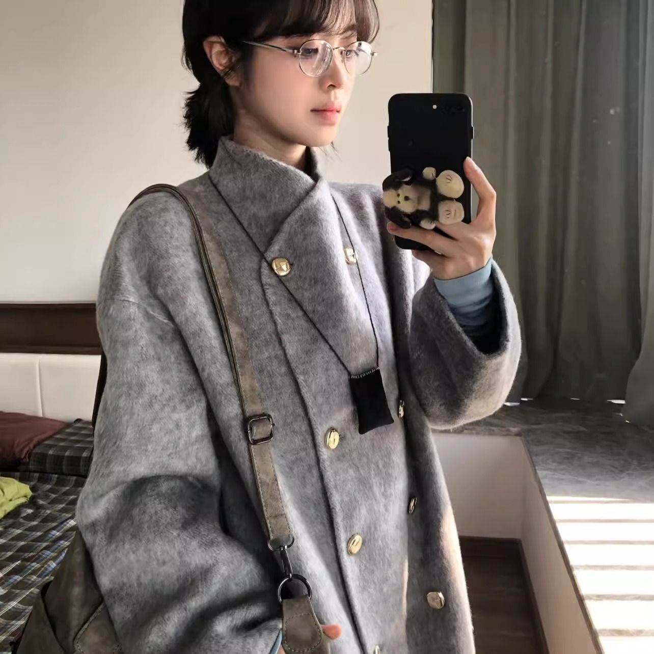 灰色双面绒大衣女2026年新款春秋高级感毛呢小个子立领中长款外套