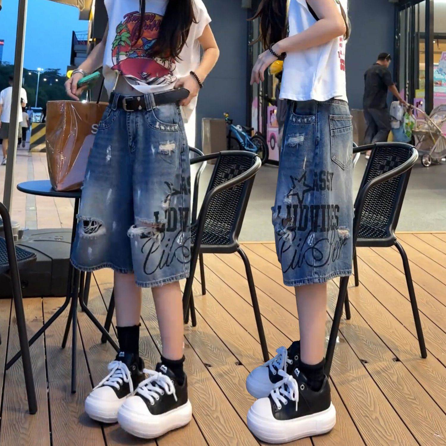 大码破洞牛仔短裤女夏季薄款2026新款美式中裤胖显瘦高腰五分裤