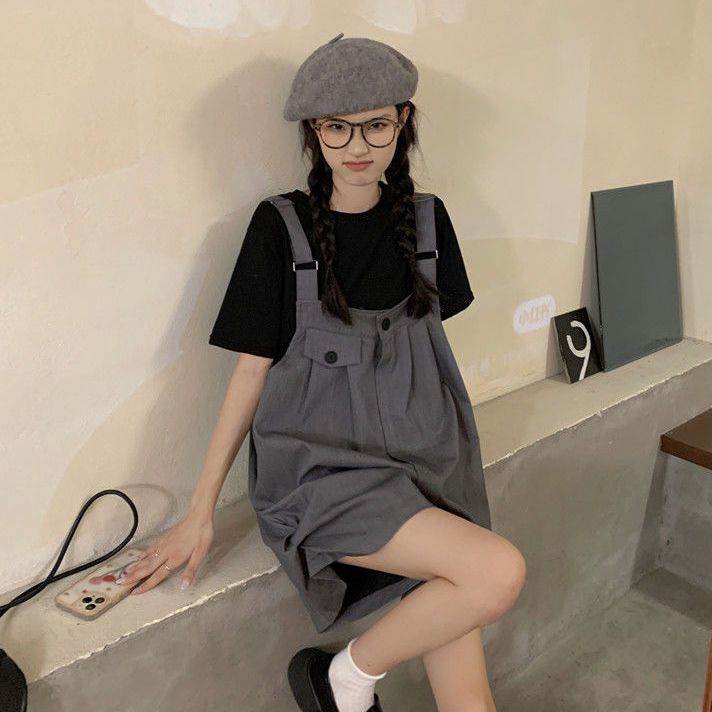 背带裤女夏季新款韩版高腰阔腿休闲背带裤短袖上衣宽松两件套装