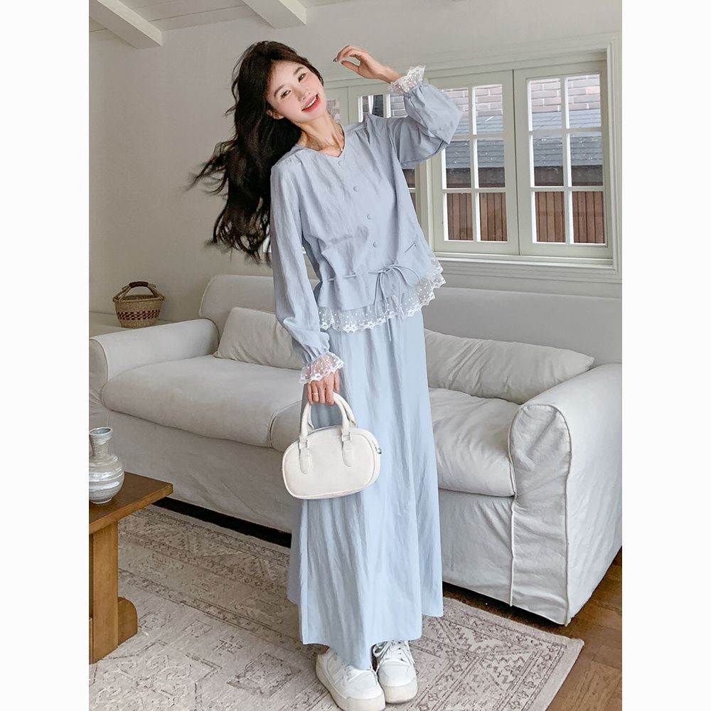 超火小清新蕾丝拼接衬衫两件套女2026春夏新款减龄休闲半身裙套装