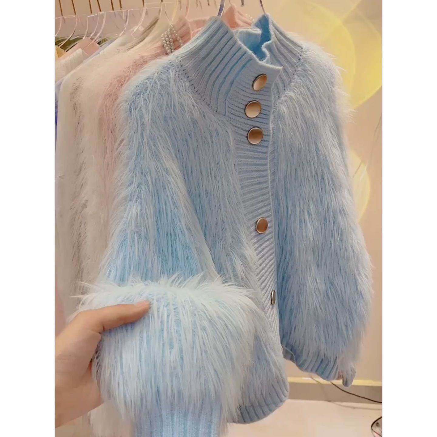 半高领软糯慵懒风毛衣春夏女外穿韩版高级感仿水貂绒针织开衫外套