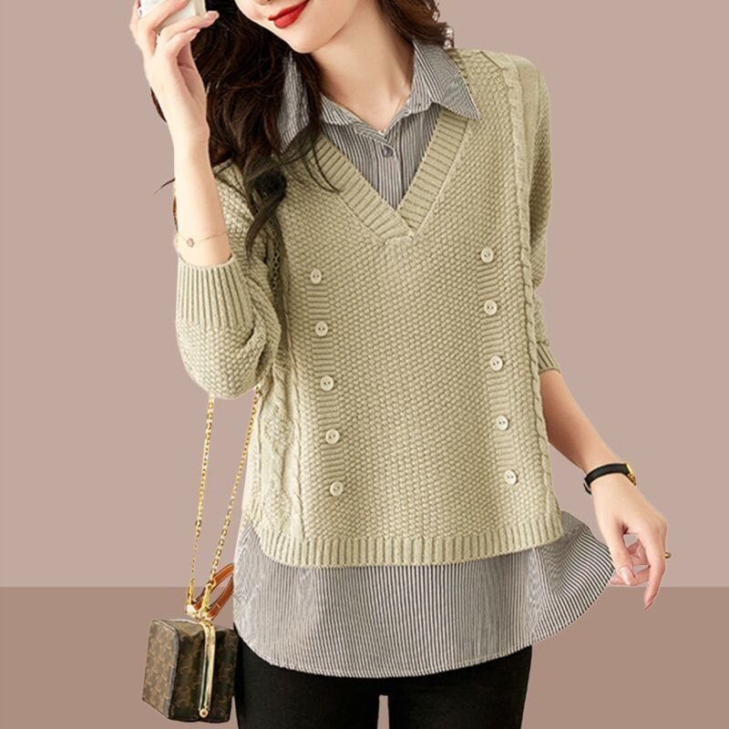 假两件上衣女2023年新款宽松时尚洋气衬衫领毛衣短款百搭针织衫女