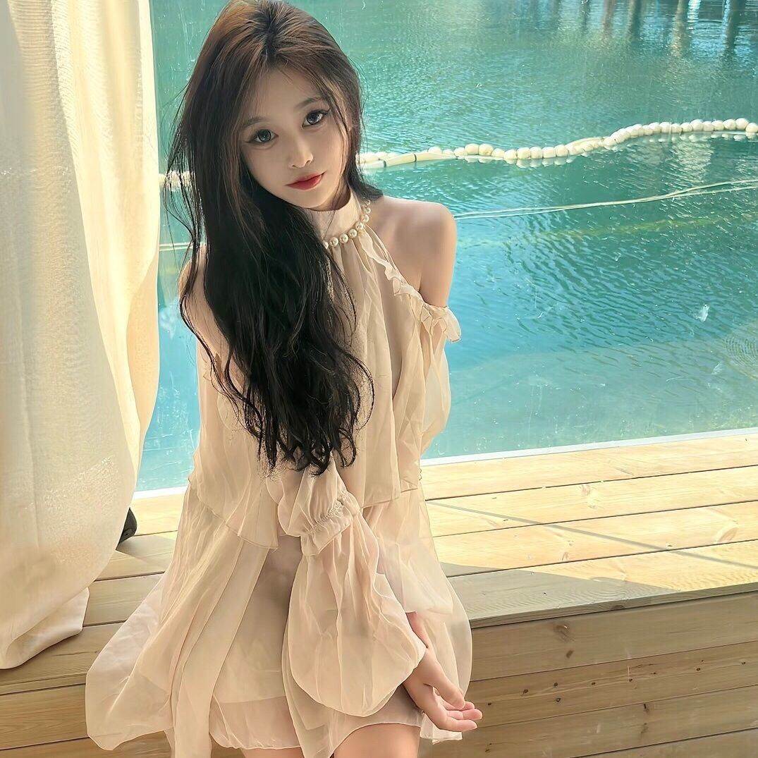 社会女快手网红韩版超仙日落黄昏初恋温柔风露肩挂脖网纱连衣裙女