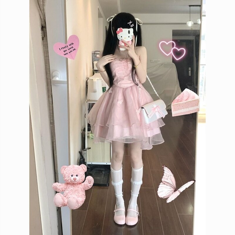 甜美公主风欧根纱短裙法式温柔仙女蓬蓬裙富家千金粉色碎花连衣裙