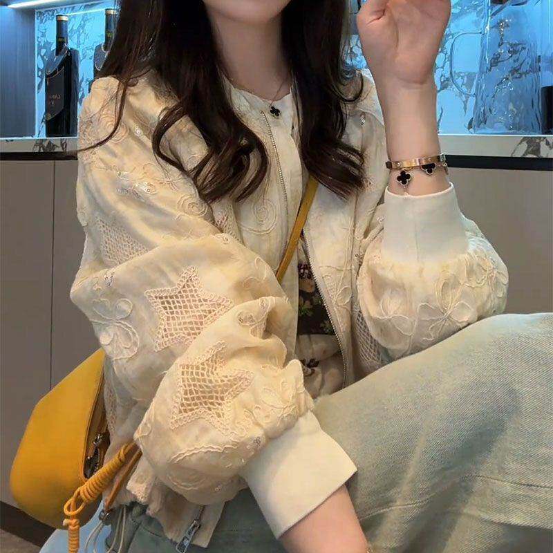 2026春夏新款独特超好看小香风蓝色蕾丝短款棒球服外套女春秋薄款